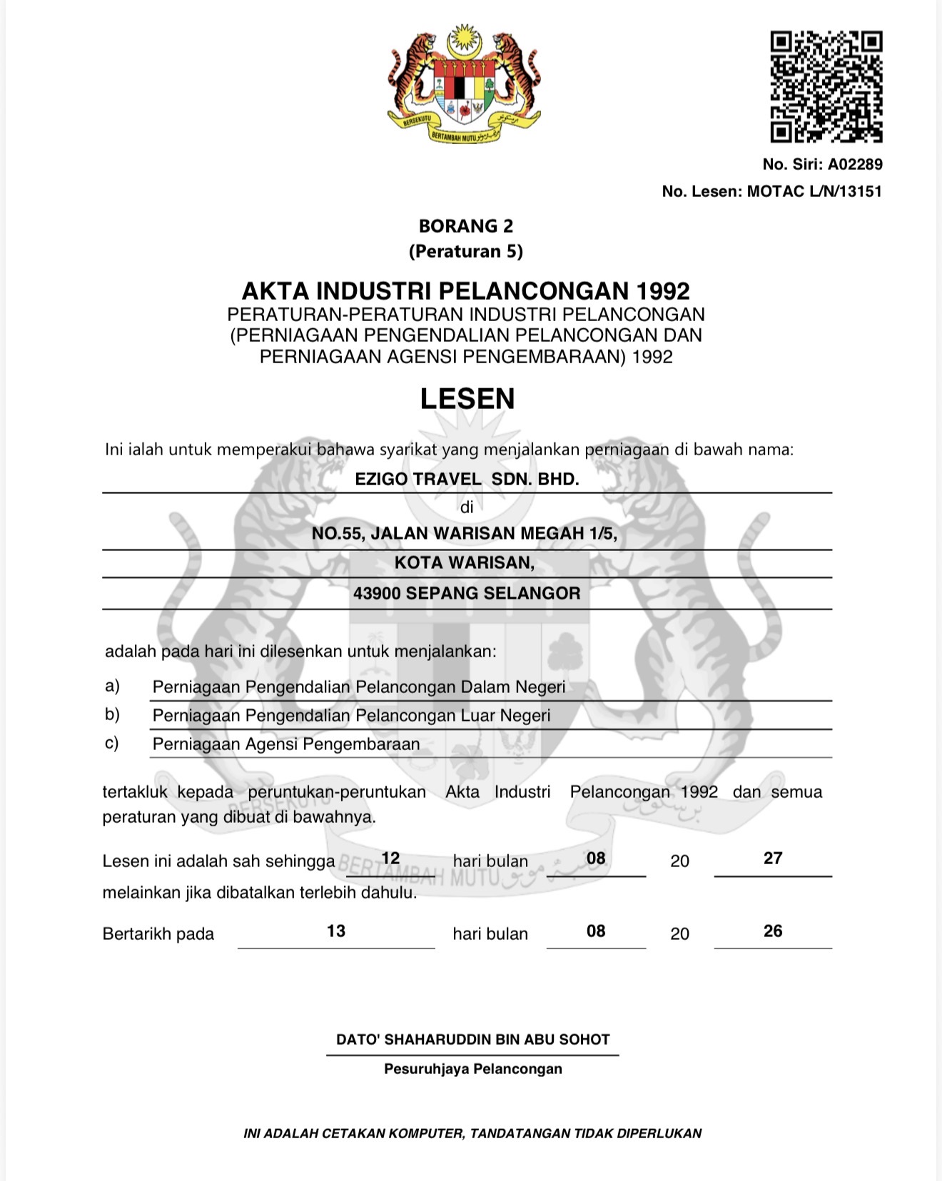 Lesen agensi pelancongan MOTAC Ezigo Travel
