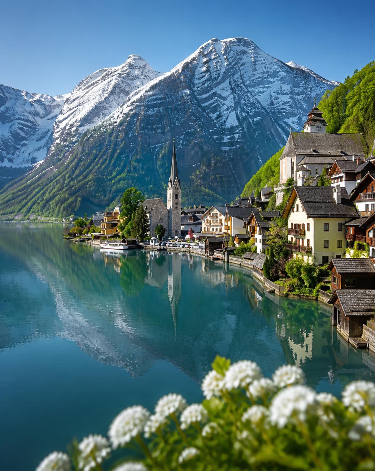 Alpine village beside a turquoise lake in Europe
