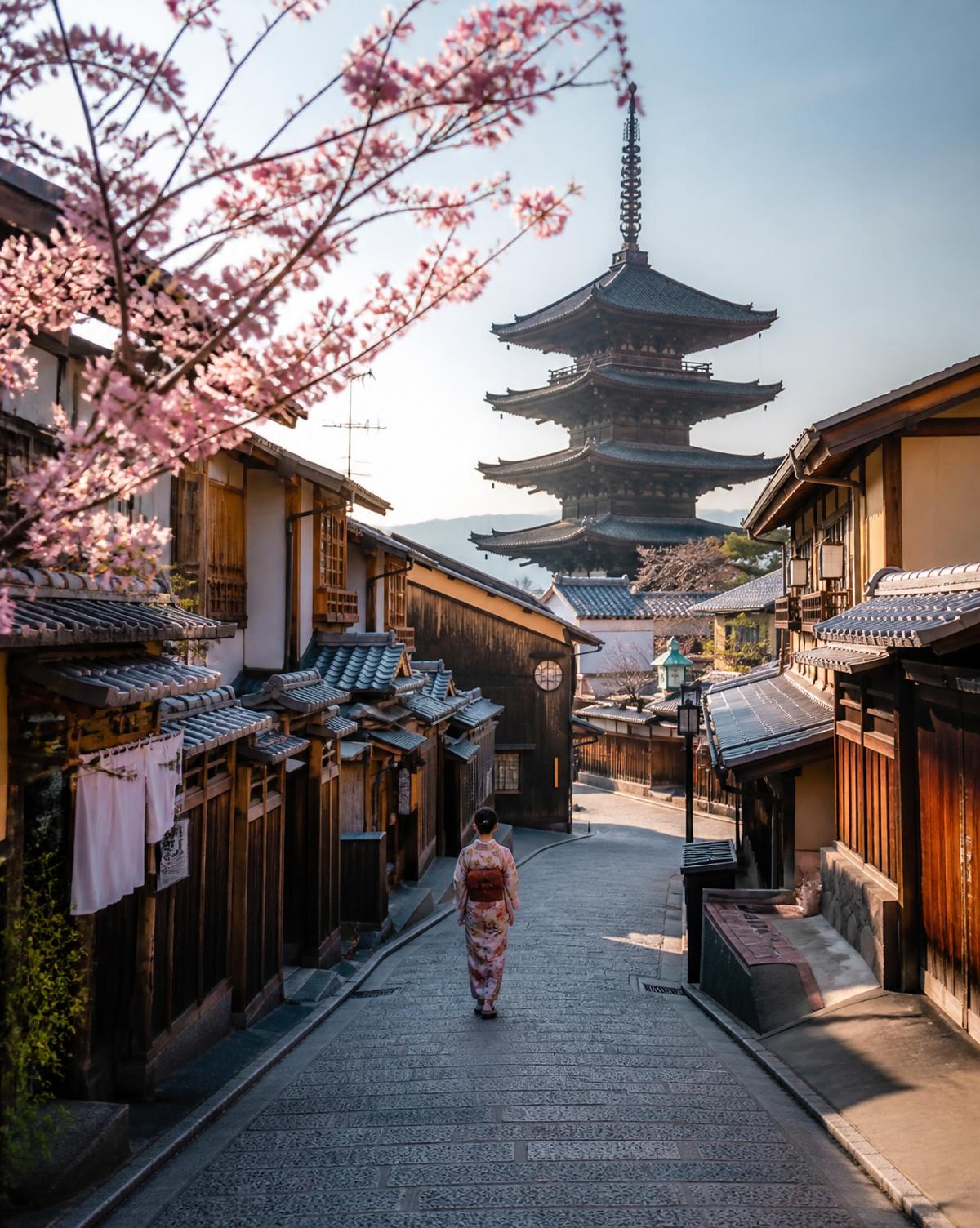 Kyoto street with cherry blossom and a pagoda